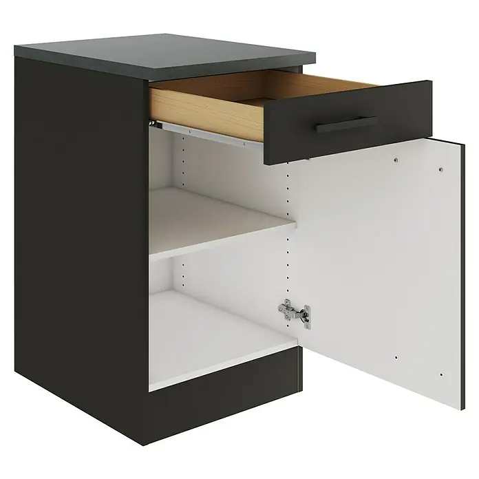 Optifit Madrid420 Küchen-Unterschrank - 60 x 50 x 84,8 cm, Anthrazit Matt, Mit 1 Schubkasten und 1 Tür - Bild eines offenen Unterschranks in Schwarz und Weiß mit einer Schublade und verstellbaren Regalen.