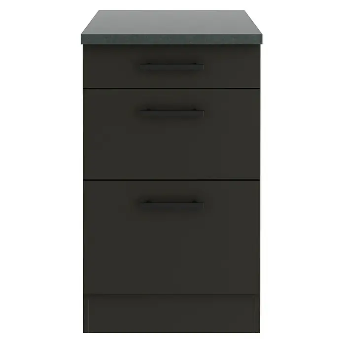 Optifit Madrid420 Unterschrank - 60 x 50 x 84,8 cm, Anthrazit Matt, Mit 1 Schubkasten und 2 Auszügen - Aufnahme eines modernen schwarzen Kommodenschranks mit drei Schubladen und einer grauen Platte, die ein elegantes und funktionales Möbelstück zeigt.