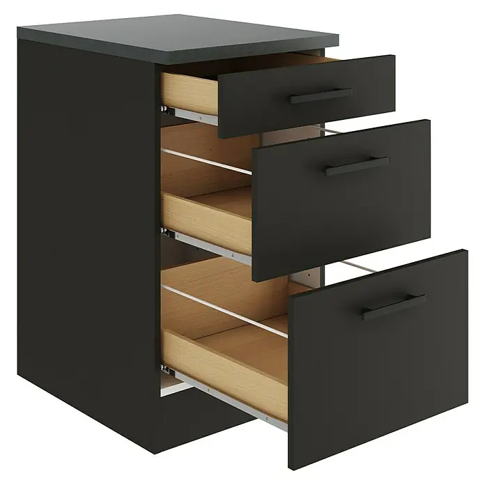 Optifit Madrid420 Unterschrank - 60 x 50 x 84,8 cm, Anthrazit Matt, Mit 1 Schubkasten und 2 Auszügen - Schwarzer Schubladenschrank mit drei offenen Schubladen, ideal für zusätzlichen Stauraum und eine moderne Einrichtung.
