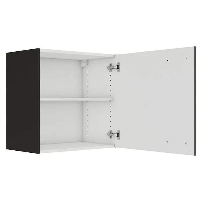 Optifit Madrid420 Hängeschrank - 34,6 x 60 x 57,6 cm, Anthrazit Matt - Abbildung eines offenen Hängeschranks mit Einlegeboden und schwarzer Seitenwand. Der weiße Innenraum und die Beschläge sind gut sichtbar.