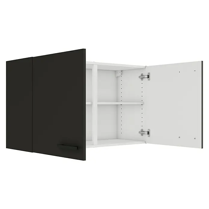 Optifit Madrid420 Hängeschrank - 34,6 x 100 x 57,6 cm, Anthrazit Matt - Eine Nahaufnahme eines Küchenschranks in Schwarz und Weiß, der zur Hälfte offen ist und Einblick in die Innenregale und Beschläge bietet.