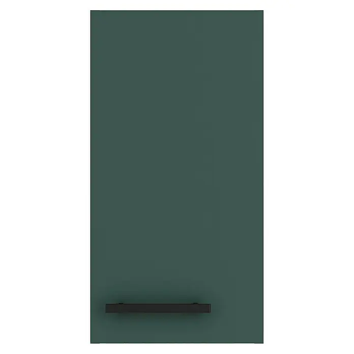 Optifit Verona405 Hängeschrank - 34,6 x 30 x 57,6 cm, Steingrün - Das Bild zeigt eine grüne Schranktür mit einem modernen, minimalistischen Griff. Der matte Farbton verleiht dem Möbelstück eine elegante Note.