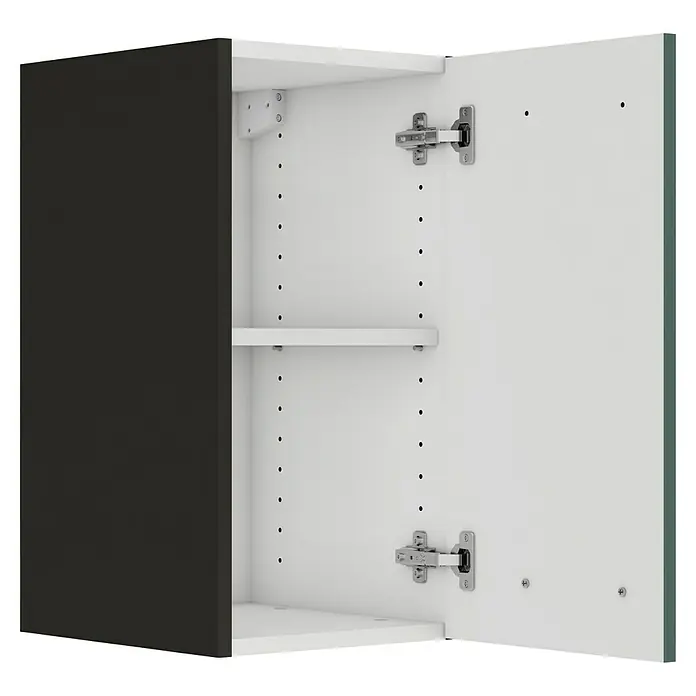Optifit Verona405 Hängeschrank - 34,6 x 30 x 57,6 cm, Steingrün - Abbildung eines geöffneten Wandschranks in Schwarz und Weiß mit verstellbaren Regalböden und Türscharnieren.
