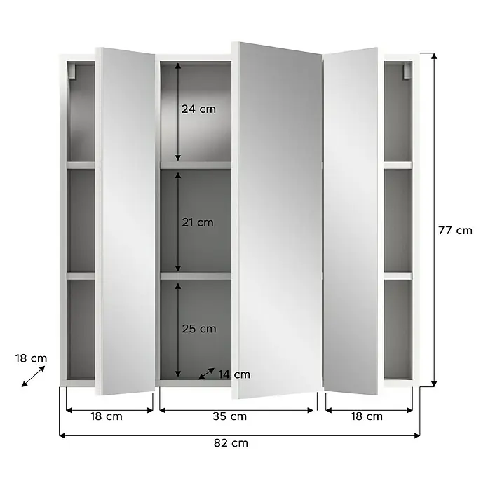xonox.home Vira Spiegelschrank Vira - B x H: 82 x 77 cm, Ohne Beleuchtung, Holz, Weiß - Abbildung eines dreitürigen Spiegelschranks mit den Maßangaben. Praktischer Badschrank für mehr Stauraum im Badezimmer.