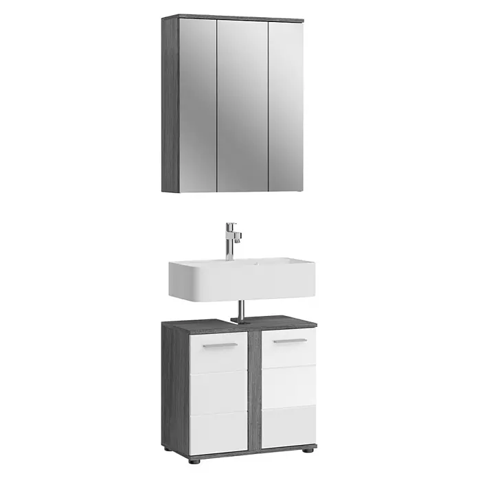 xonox.home Blake Badmöbel-Set Blake - 60 cm, Weiß/Rauchsilber, Glänzend, Ohne Beleuchtung, 2 -tlg. - Badezimmermöbel-Set mit Spiegelschrank, Waschbecken und Unterschrank in Grau-Weiß für ein stilvolles Badezimmerdesign.