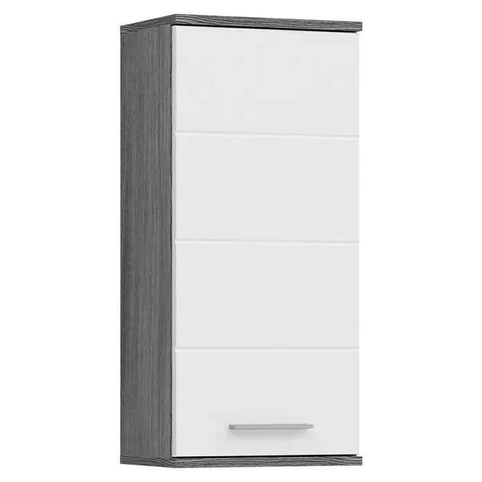 xonox.home Blake Hängeschrank Blake - B x T x H: 35 x 25 x 77 cm, Weiß/Rauchsilber - Ein schmaler Hochschrank in Weiß und Grau mit einem dezenten Griff, ideal für Stauraum in modernen Badezimmern oder kleinen Räumen.