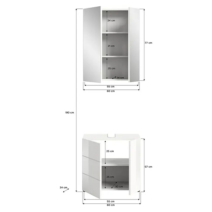 xonox.home Vira Badmöbel-Set Vira - 60 cm, Weiß, Glänzend, Ohne Beleuchtung, 2 -tlg. - Abmessungen des weißen Badezimmerschranks mit Spiegel und Schubladen, detaillierte Größenangaben für optimale Raumnutzung.
