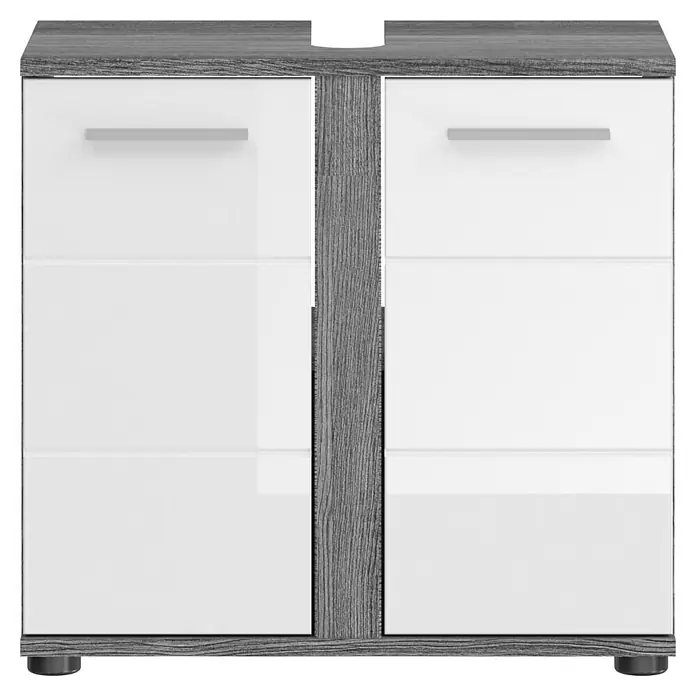 xonox.home Blake Waschtischunterschrank Blake - B x T x H: 60 x 34 x 57 cm, Weiß/Rauchsilber, Glänzend, 2 Türen - Ein stilvoller Waschbeckenunterschrank in Grau und Weiß mit eleganten Griffen, der jedes Badezimmer aufwertet.\n