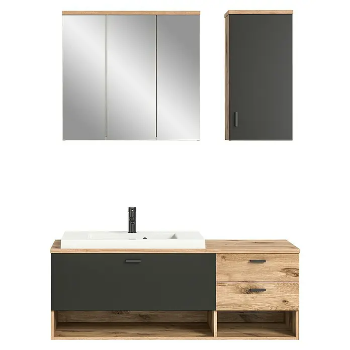 xonox.home Grado Badmöbel-Set Grado - 140 cm, Nox Oak, Matt, 4 -tlg. - Modernes Badezimmer-Set mit Waschbeckenunterschrank, Spiegelschrank und Hängeschrank in Holz- und Grautönen.