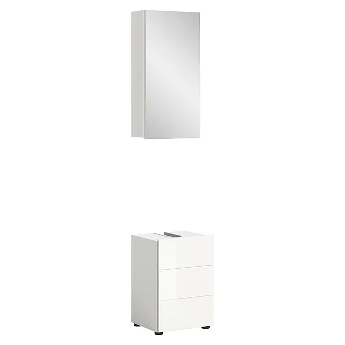 xonox.home Vira Badmöbel-Set Vira - 38 cm, Weiß, Glänzend, Mit Beleuchtung - Ein weißer Badezimmerschrank mit Schubladen und einem Spiegelschrank darüber für stilvolle Badaufbewahrung.