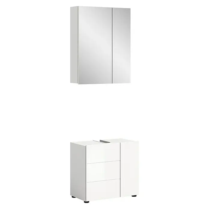 xonox.home Vira Badmöbel-Set Vira - 60 cm, Weiß, Glänzend, Ohne Beleuchtung, 2 -tlg. - Schrankkombination mit Spiegelschrank und Unterschrank in Weiß, modernes Badezimmerdesign mit viel Stauraum.