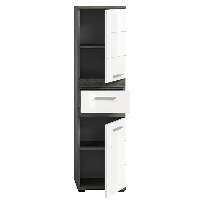 xonox.home Blake Hochschrank Blake - B x T x H: 35 x 31 x 137 cm, Weiß/Rauchsilber - Ein geräumiger Hochschrank in Grau und Weiß mit offenen Regalen und Schubladen, ideal zur Aufbewahrung und Organisation von Gegenständen.