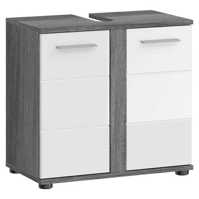 xonox.home Blake Waschtischunterschrank Blake - B x T x H: 60 x 34 x 57 cm, Weiß/Rauchsilber, Glänzend, 2 Türen - Moderner Waschbeckenunterschrank in Weiß und Grau mit zwei Schubladen und silbernen Griffen für das Badezimmer.