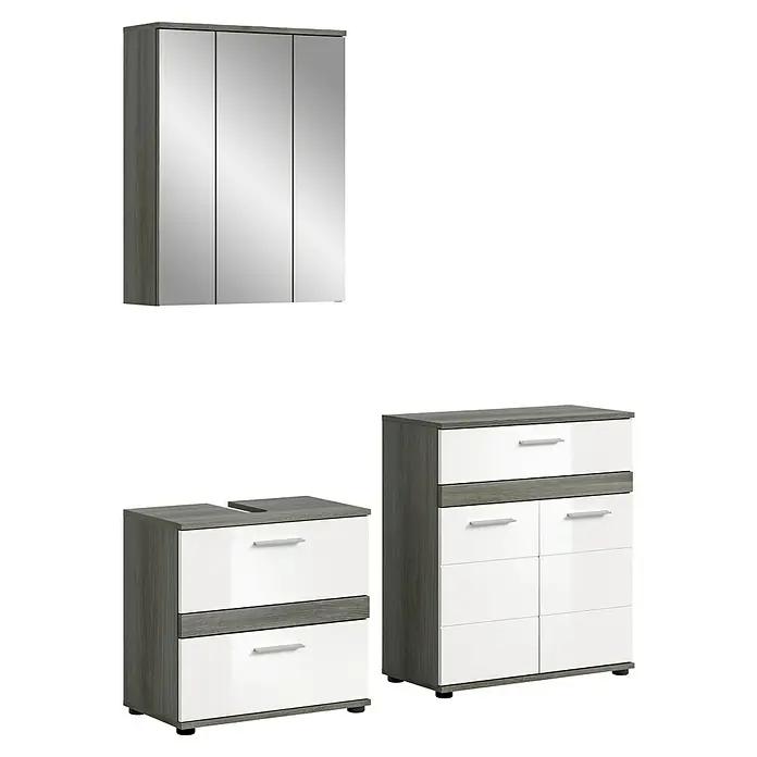 xonox.home Blake Badmöbel-Set Blake - 146 cm, Weiß/Rauchsilber, Glänzend - Ein Badezimmerset mit einem Spiegelschrank mit drei Türen, einem Waschbeckenunterschrank und einem passenden Kommode.