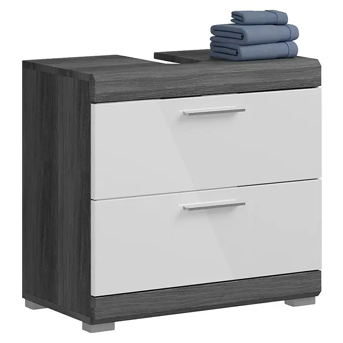 xonox.home Scout Waschtischunterschrank Scout - B x T x H: 60 x 34 x 56 cm, Weiß/Rauchsilber, Glänzend, 2 Schubladen - Modernes Badezimmermöbel mit grauer Holzoptik und weißen Schubladen sowie blauen Handtüchern. Praktisches Design für stilvolle Badezimmer.