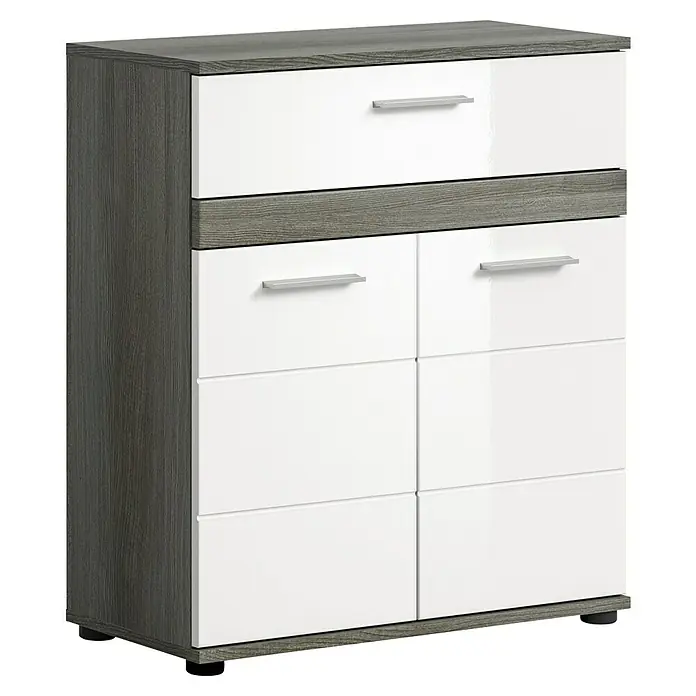xonox.home Blake Midischrank Blake - B x T x H: 71 x 31 x 79 cm, Weiß/Rauchsilber - Stilvolle Kommode in Grau und Weiß. Moderne Aufbewahrungslösung mit Schubladen und Türen für ein ordentliches Zuhause.