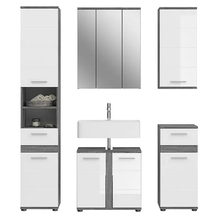 xonox.home Blake Badmöbel-Set Blake - 164 cm, Weiß/Rauchsilber, Glänzend, Ohne Beleuchtung, 5 -tlg. - Ein modernes Badezimmerset in Weiß und Grau mit einem Waschbecken, Spiegelschrank und Stauraumelementen bietet stilvolle Funktionalität.