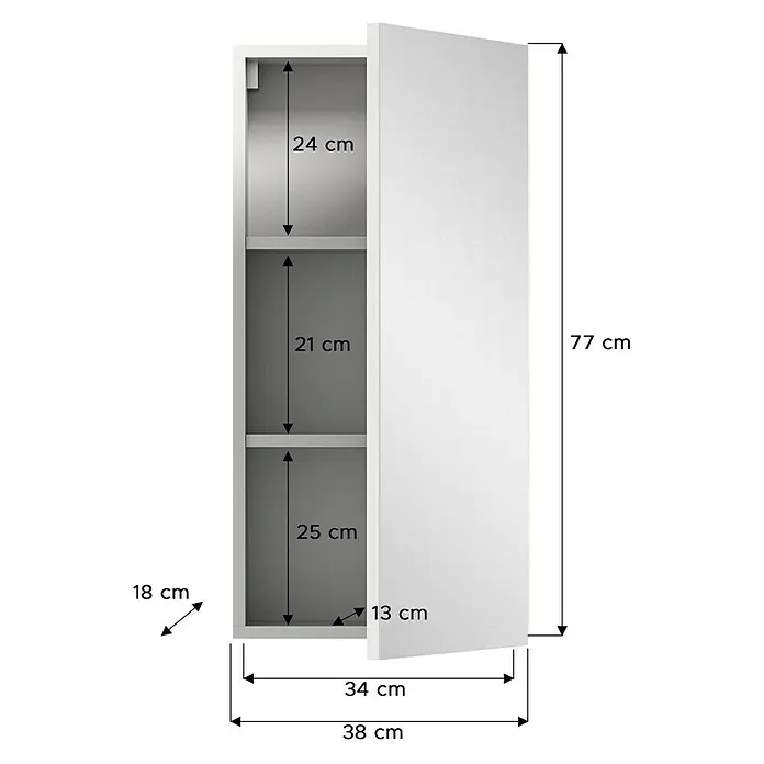 xonox.home Vira Spiegelschrank Vira - B x H: 38 x 77 cm, Ohne Beleuchtung, Holz, Weiß - Eine Aufnahme von einem weißen Hängeschrank mit den Maßangaben, die auf dem Bild dargestellt werden.