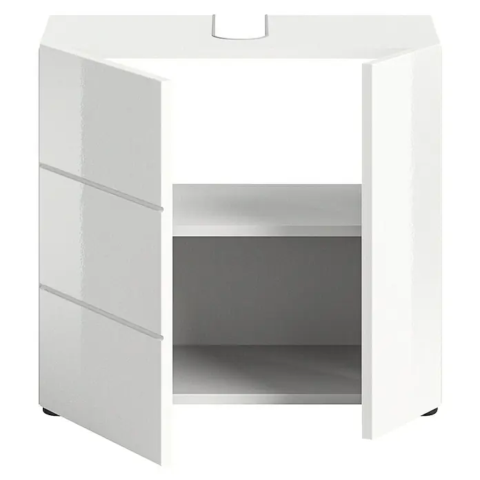 xonox.home Vira Waschtischunterschrank Vira - B x T x H: 60 x 34 x 57 cm, Weiß, Glänzend - Ein weißer Badezimmerschrank mit einer offenen Tür und zwei Regalen. Der Schrank bietet Stauraum für Badutensilien und Handtücher.