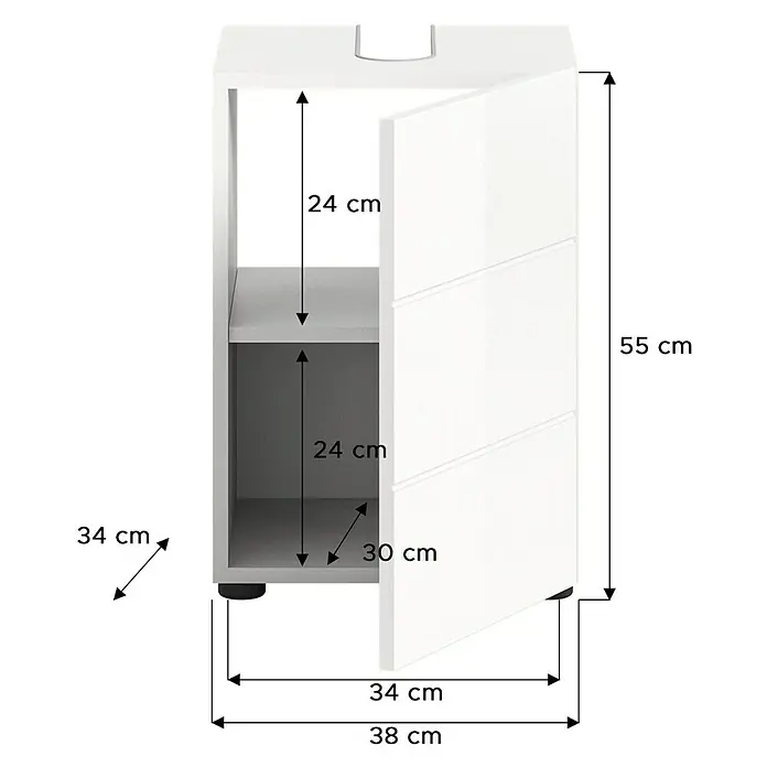 xonox.home Vira Waschtischunterschrank Vira - B x T x H: 38 x 34 x 56 cm, Weiß, Glänzend - Abbildung eines weißen Badezimmerschranks mit offenem Schrankfach und Maßangaben. Praktisches Badmöbel.