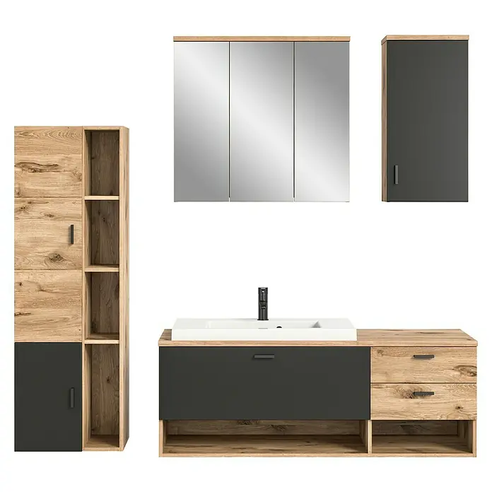 xonox.home Grado Badmöbel-Set Grado - 203 cm, Nox Oak, Matt - Badezimmermöbel-Set mit Waschtisch, Spiegelschrank und Hochschrank in Holz- und Anthrazitoptik.
