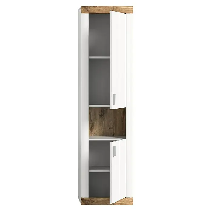 xonox.home Laredo Hängeschrank Laredo - B x T x H: 45 x 30 x 172 cm, Weiß/Eiche - Ein geräumiger Kleiderschrank mit Holzdetails und weißen Türen, die einen Einblick ins Innere mit grauen und braunen Ablageflächen geben.