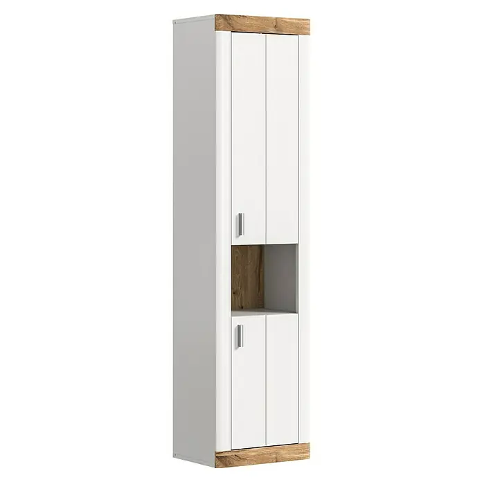 xonox.home Laredo Hängeschrank Laredo - B x T x H: 45 x 30 x 172 cm, Weiß/Eiche - Ein hoher, schlanker Schrank mit weißen Türen und Holzakzenten oben und unten. Praktische Aufbewahrungslösung mit offenem Fach.