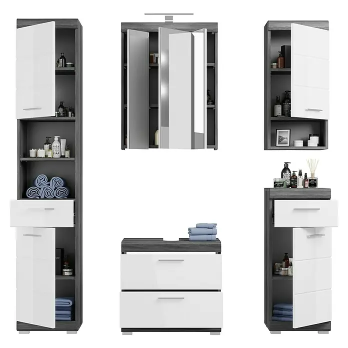 xonox.home Scout Badmöbel-Set Scout - 164 cm, Weiß/Rauchsilber, Glänzend, 2 Schubladen, Mit Beleuchtung - Badezimmer-Set mit Waschbeckenunterschrank, Spiegelschrank und Hochschränken in Grau und Weiß für ein modernes Badambiente.
