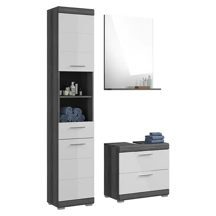 xonox.home Scout Badmöbel-Set Scout - 112 cm, Weiß/Rauchsilber, Glänzend, Mit Ablagespiegel, 2 Schubladen, 3 -tlg. - Badezimmer-Set mit Hochschrank, Waschtischunterschrank und Spiegel mit Ablage in Weiß und Grau für ein modernes Ambiente.