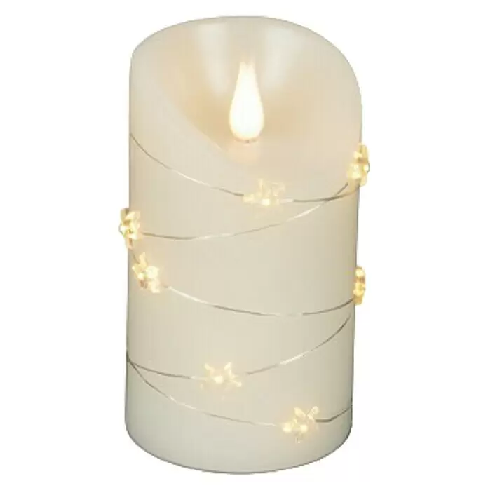 Konstsmide LED-Kerze - Cremeweiß, Ø x H: 7,5 x 13,5 cm, Echtwachs - Weiße LED-Säulenkerze mit realistischer Flamme und dekorativen Blumen-Lichterketten.