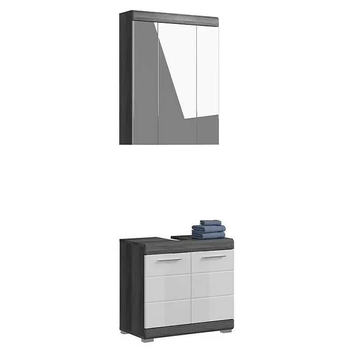 xonox.home Scout Badmöbel-Set Scout - 60 cm, Weiß/Rauchsilber, Glänzend, Ohne Beleuchtung, 2 Türen - Modernes Badezimmer-Set mit einem Spiegelschrank und einem Waschtischunterschrank mit Handtüchern. Stilvolles Design für jedes Badezimmer.