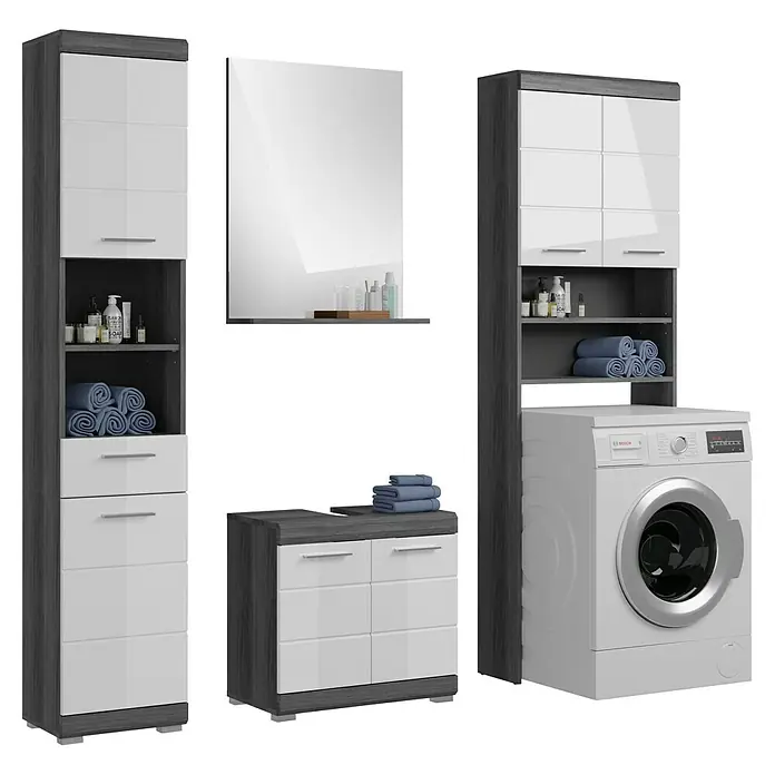 xonox.home Scout Badmöbel-Set Scout - 190 cm, Weiß/Rauchsilber, Glänzend, Mit Ablagespiegel - Elegantes Badezimmerset mit Hochschrank, Waschbeckenunterschrank und Spiegel für ein modernes Ambiente. Die perfekte Ausstattung fürs Badezimmer.