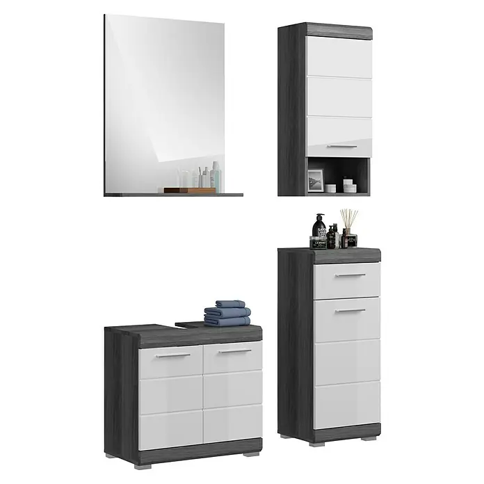 xonox.home Scout Badmöbel-Set Scout - 112 cm, Weiß/Rauchsilber, Glänzend, 4 -tlg., Mit Ablagespiegel, 2 Türen - Badezimmerset mit Spiegelschrank, Waschtischunterschrank und Hochschrank in Grau und Weiß. Das moderne Design bietet viel Stauraum.