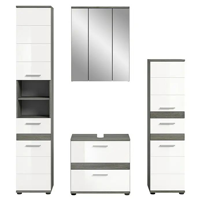 xonox.home Scout Badmöbel-Set Scout - 160 cm, Weiß/Rauchsilber, Glänzend - Badezimmermöbelset mit Hochschränken, Waschtischunterschrank und Spiegelschrank in Weiß und Grau.