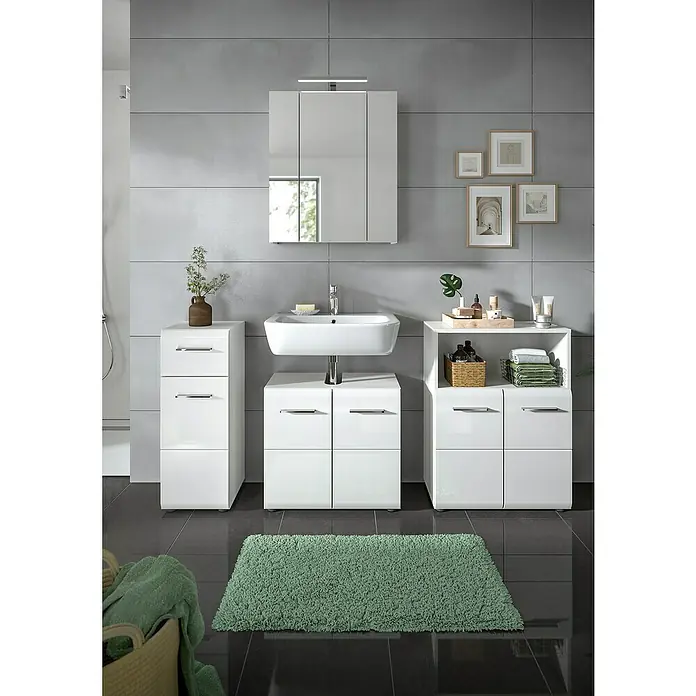 xonox.home Waschtischunterschrank Ice - B x T x H: 60 x 32 x 54 cm, Weiß, Glänzend - Badezimmer-Arrangement mit weißen Waschtischunterschränken, Spiegelschrank und Wandbildern, das ein modernes und stilvolles Ambiente schafft.