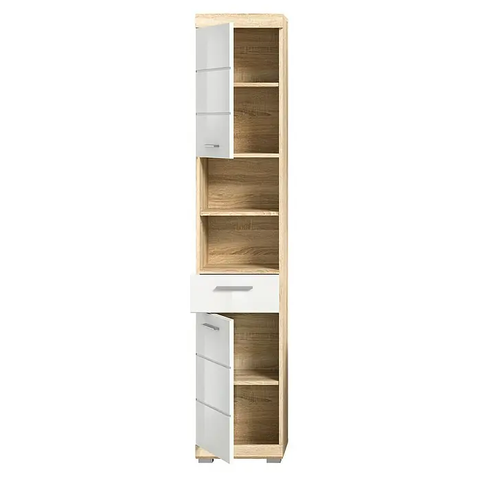 xonox.home Lambada Hochschrank Lambada - 37 x 31 x 191 cm, Weiß/Sonoma Eiche hell - Abbildung eines hohen, schmalen, weißen und hellbraunen Schrankes mit offenen Regalen und Schubladen.