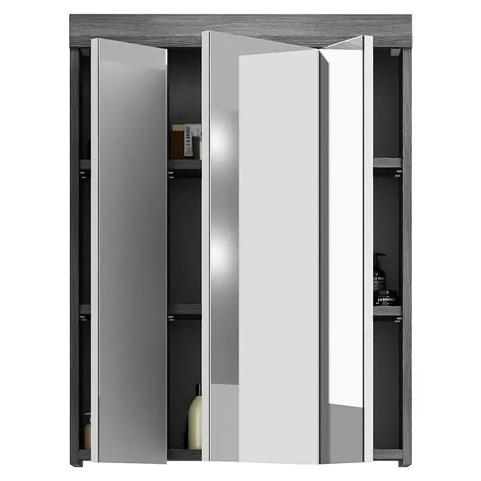 xonox.home Scout Spiegelschrank Scout - B x H: 60 x 79 cm, Ohne Beleuchtung, Holz, Rauchsilber - Ein moderner Spiegelschrank mit grauen Holzdetails und mehreren Regalfächern zur Aufbewahrung von Badutensilien.