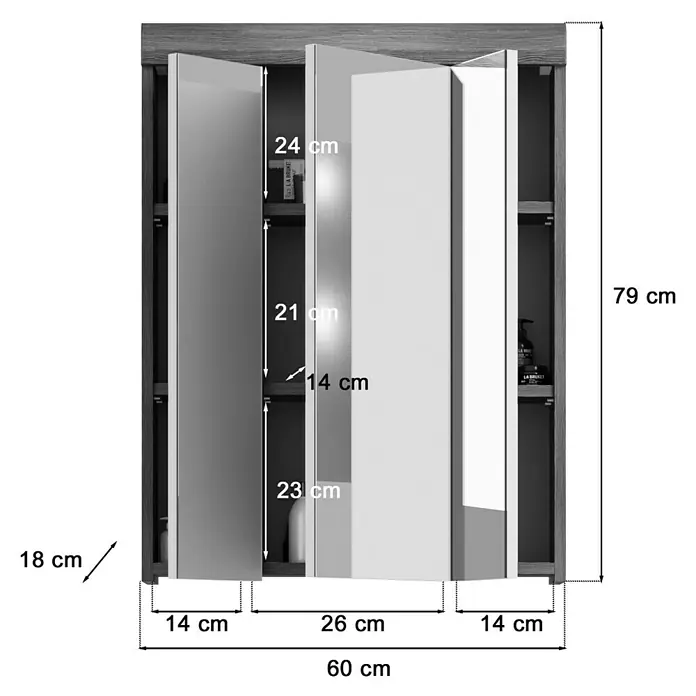 xonox.home Scout Spiegelschrank Scout - B x H: 60 x 79 cm, Ohne Beleuchtung, Holz, Rauchsilber - Ein Badezimmerschrank mit Spiegel und den Maßen 60 cm Breite und 79 cm Höhe, ergänzt durch detaillierte Maßangaben.