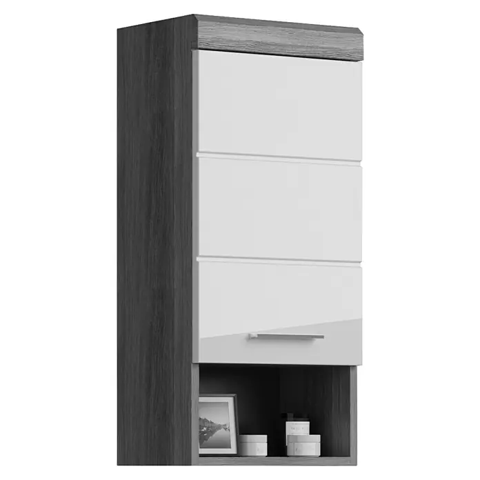 xonox.home Scout Hängeschrank Scout - B x T x H: 37 x 24 x 79 cm, Weiß/Rauchsilber - Ein eleganter, hochformatiger Schrank mit Holzstruktur und weißen Schubladen bietet stilvollen Stauraum für jedes moderne Zuhause.