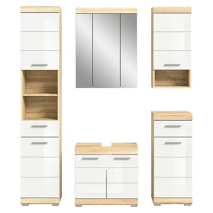 xonox.home Lambada Badmöbel-Set Lambada - 164 cm, Weiß/Sonoma Eiche hell, Glänzend - Badezimmermöbel-Set in Weiß und Holzoptik. Das Set beinhaltet Spiegelschrank, Waschbeckenunterschrank und Hochschränke.