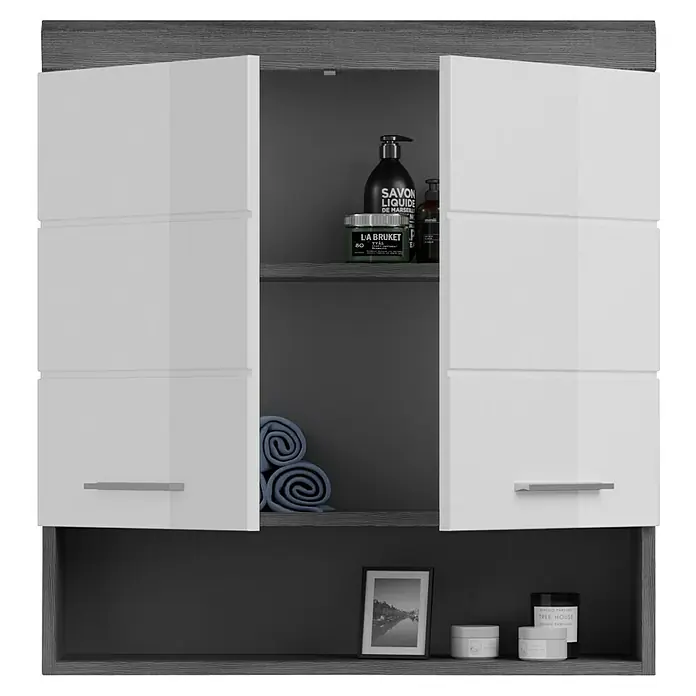 xonox.home Scout Hängeschrank Scout - B x T x H: 74 x 24 x 79 cm, Weiß/Rauchsilber - Badezimmerschrank mit weißen Türen, ausgestattet mit Handtüchern und verschiedenen Badprodukten.