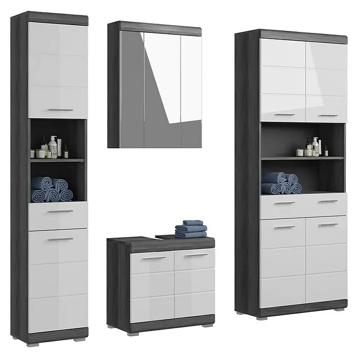 xonox.home Scout Badmöbel-Set Scout - 186 cm, Weiß/Rauchsilber, Glänzend, Mit Spiegelschrank & Hochschrank 2 - Ein Badezimmerset in Grau und Weiß mit Spiegelschrank, Hochschrank und Kommode bietet stilvollen Stauraum.