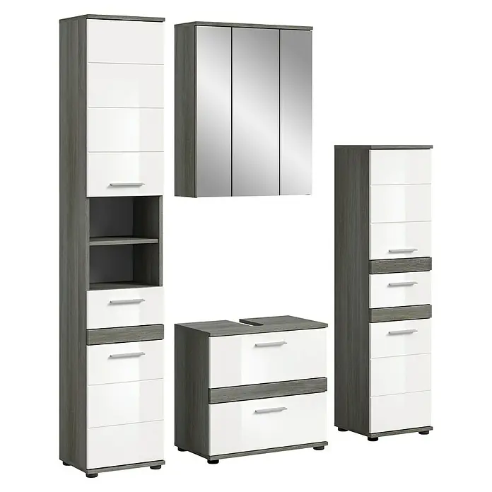 xonox.home Scout Badmöbel-Set Scout - 160 cm, Weiß/Rauchsilber, Glänzend - Diese Aufnahme zeigt ein Badezimmerset in Weiß und Grau mit Spiegelschrank, Waschbeckenunterschrank und Hochschrank.