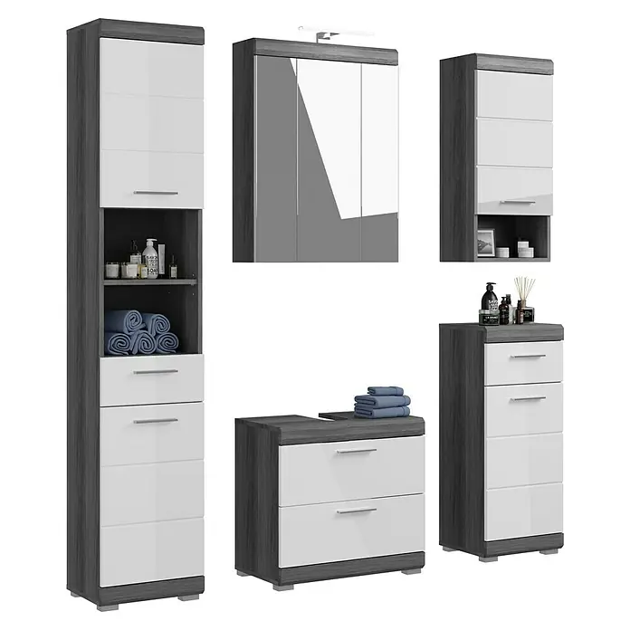 xonox.home Scout Badmöbel-Set Scout - 164 cm, Weiß/Rauchsilber, Glänzend, 2 Schubladen, Mit Beleuchtung - Badezimmermöbelset in Grau und Weiß mit Spiegelschrank und Schubladen.