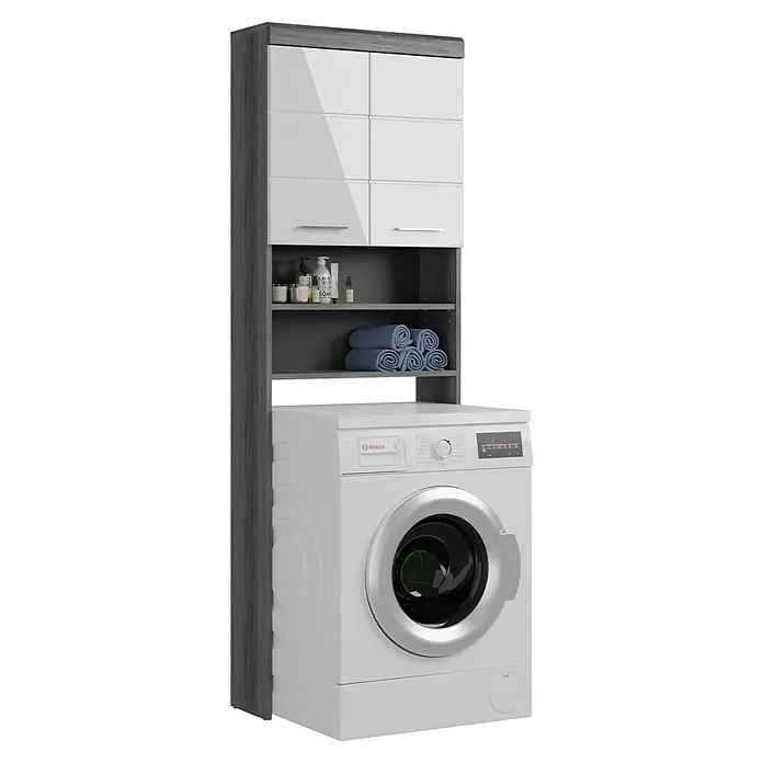 xonox.home Scout Waschmaschinenregal Scout - L x B x H: 24 x 63 x 191 cm, Weiß/Rauchsilber - Das Bild zeigt eine Waschmaschine der Marke Bosch mit einem Waschmaschinenschrank in Grau und Weiß. Der Schrank bietet zusätzlichen Stauraum.