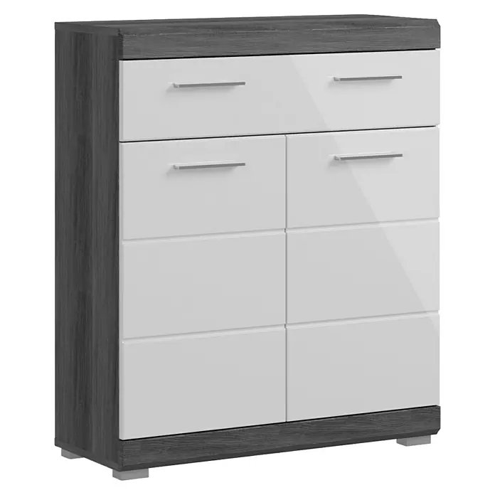 xonox.home Scout Highboard Scout - B x T x H: 74 x 31 x 88 cm, Weiß/Rauchsilber - Aufnahme einer Kommode in Grau und Weiß mit sechs Schubladen und minimalistischen Griffen, ideal für die Aufbewahrung im Schlafzimmer.