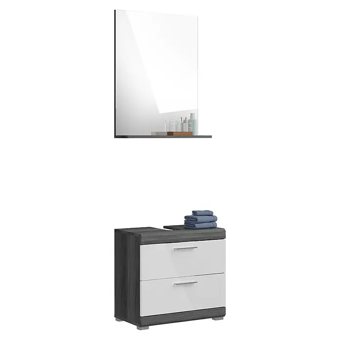 xonox.home Scout Badmöbel-Set Scout - 60 cm, Weiß/Rauchsilber, Glänzend, 2 Schubladen - Badezimmermöbel-Set mit Spiegel und Unterschrank in Grau und Weiß. Moderne Optik für stilvolles Ambiente im Bad.