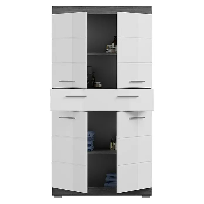 xonox.home Scout Hochschrank Scout 3 - B x T x H: 74 x 31 x 141 cm, Weiß/Rauchsilber - Schrank mit Türen und Schublade. Der weiße Schrank verfügt über graue Akzente und bietet Stauraum.