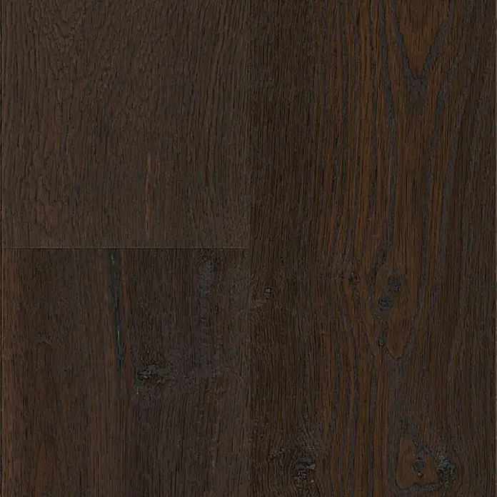 Parkett - Eiche Grindelwald, Landhausdiele, 1.900 x 190 x 15 mm - Nahaufnahme von dunklem Holzboden mit markanter Maserung, ideal für elegante Innenräume.