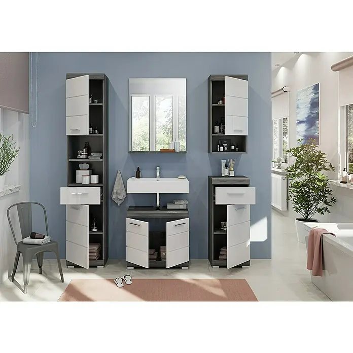 xonox.home Scout Badmöbel-Set Scout - 164 cm, Weiß/Rauchsilber, Glänzend, 2 Türen - Modernes Badezimmer-Interieur mit grauen und weißen Badmöbeln, Spiegel und Waschbecken für ein stilvolles Ambiente.